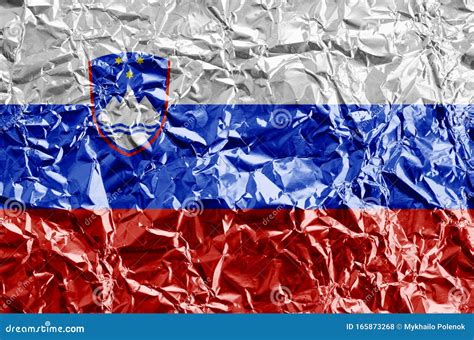 Slovenia Flag Depicted in Paint Colors on Shiny Crumpled Aluminium Foil ...