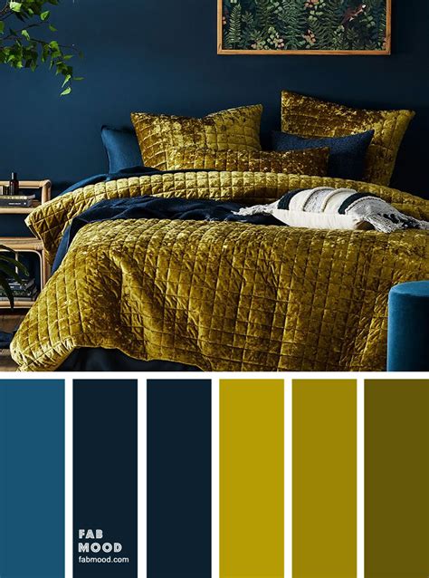 Chartreuse and Dark Blue Bedroom | Bedroom color schemes, Dark blue bedrooms, Blue and gold bedroom