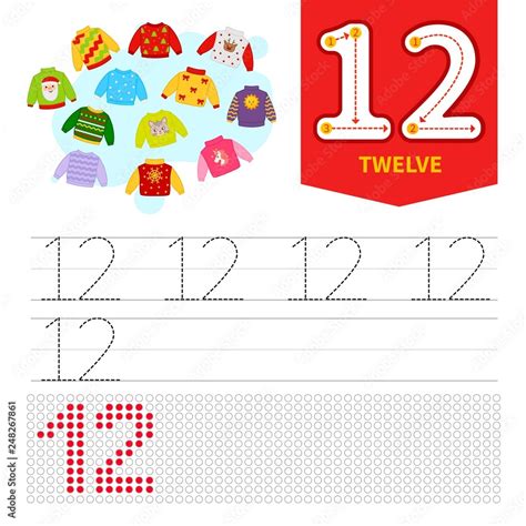 Kids learning material. Card for learning numbers. Number 12. Cartoon ...