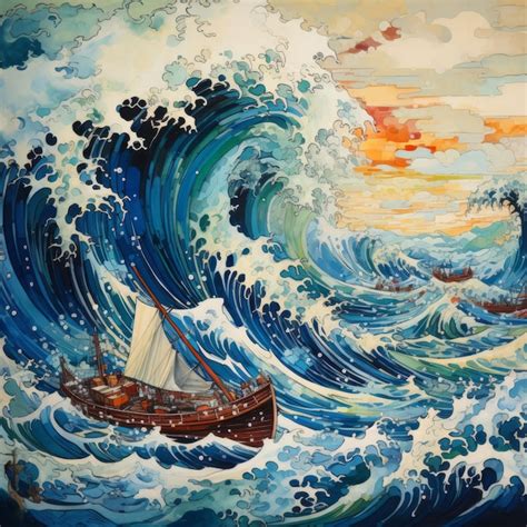 Premium AI Image | A painting of a boat in a large wave