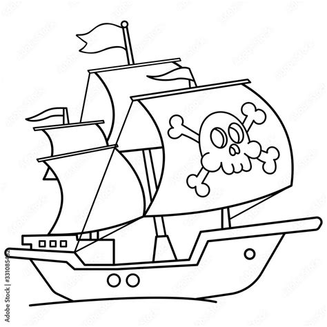 Coloring Page Outline Of Cartoon pirate ship. Sailboat with black sails ...