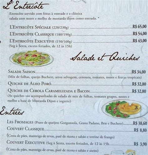 Menu at L'Entrecôte de Paris restaurant, Brasília