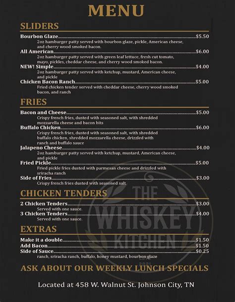 Menu at The Whiskey Kitchen restaurant, Johnson City