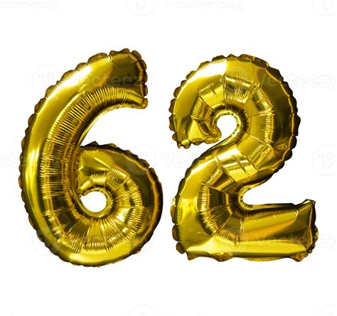 62 Golden number helium balloons isolated background. Realistic foil ...