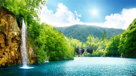 Wallpaper Beautiful waterfall, lake, trees, mountain, green, summer 3840x2160 UHD 4K Picture, Image