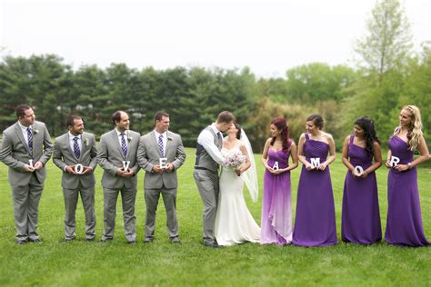 Groomsmen in Gray Suits, Bridesmaids in Purple Dresses