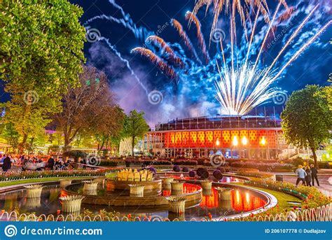 Midnight Fireworks Over the Concert Hall at Tivoli Amusement Park in Copenhagen,Denmark ...