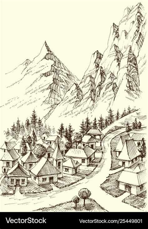 Mountains village hand drawing alpine landscape Vector Image