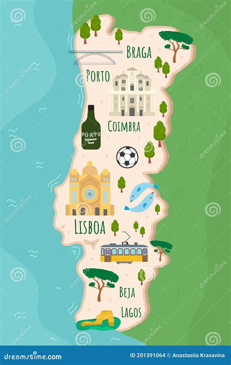 Cartoon Map of Portugal. Travel Illustration with Landmarks, Buildings, Food and Plants Stock ...