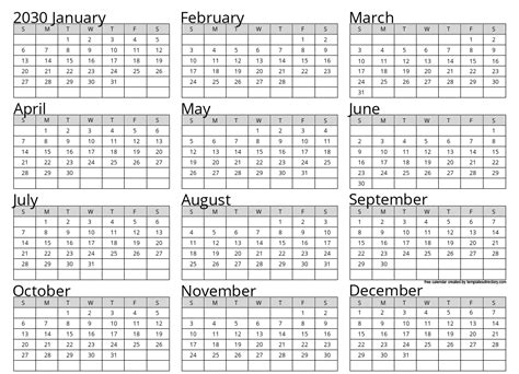 Full Year 2030 Calendar Template