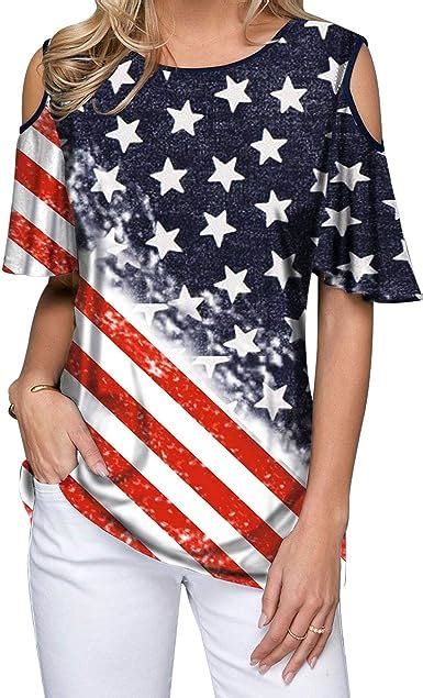 4th of July Shirts Women American Flag Tops Cold Shoulder Patriotic USA ...