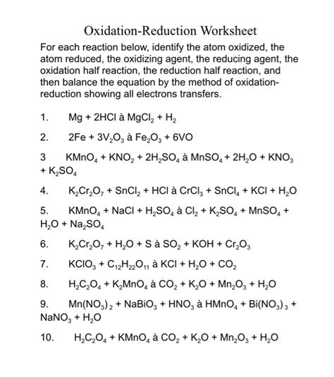 Solved Oxidation-Reduction Worksheet For each reaction | Chegg.com