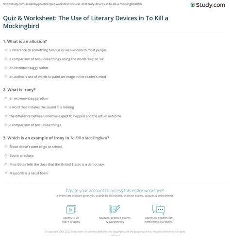 Quiz & Worksheet: The Use of Literary Devices in To Kill a Mockingbird ...