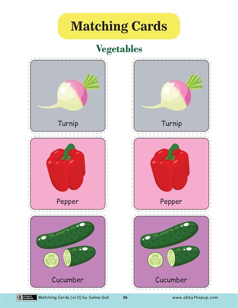 Vegetables Matching Cards in English | Free Printable Papercraft Templates
