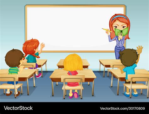 Scene with teacher and many students in classroom Vector Image