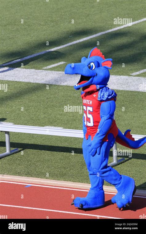 Hutchinson Kansas Blue Dragon Mascot on a football field Stock Photo ...