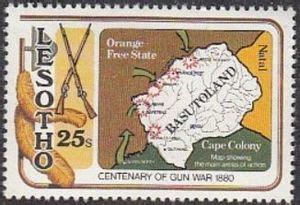 Stamp: Map of Basutoland showing battle sites (Lesotho) (Gun war centenary) Mi:LS 290,Sn:LS 290 ...