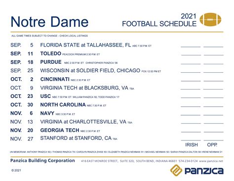 Notre Dame Football Schedule - Panzica Building Corporation