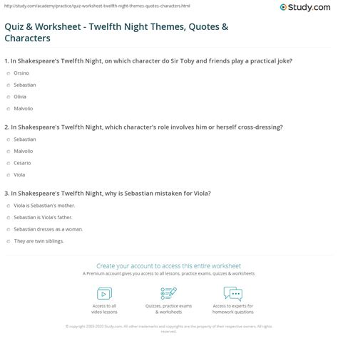 Quiz & Worksheet - Twelfth Night Themes, Quotes & Characters | Study.com