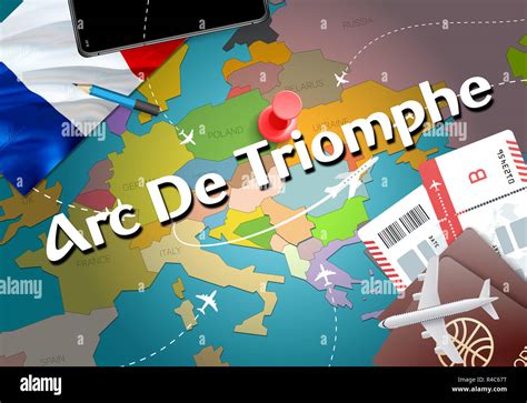 Arc De Triomphe city travel and tourism destination concept. France flag and Arc De Triomphe ...