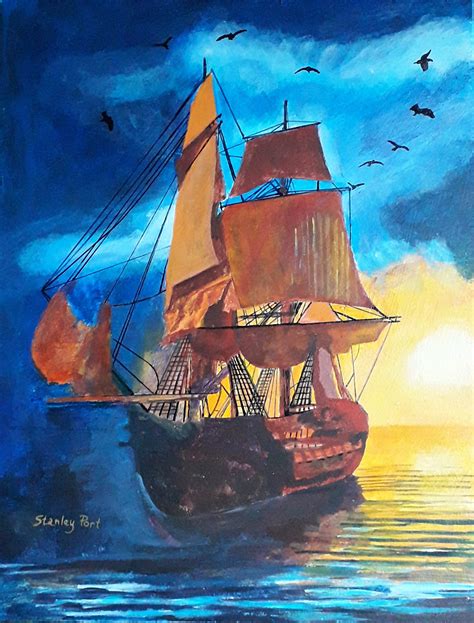 Sunset Painting of sailing ship with the light shining through the rigging