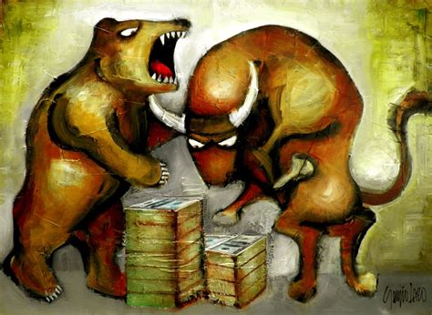 Original Bear and Bull Painting Wall Street Stock Market Modern Abstract Art by SLAZO 36x48 Made ...