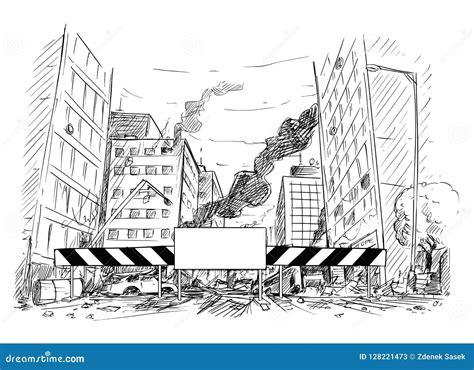 Hand Drawing of City Street Destroyed by War or Riot or Disaster Stock Vector - Illustration of ...