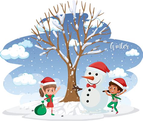 Isolated winter season background with children and snowman 4472904 ...