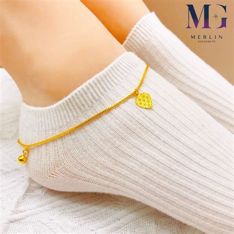 916 Gold Wheat Chain Anklet With Dangle Heart and Bell | Merlin Goldsmith