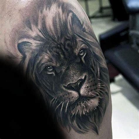 Very realistic black ink shoulder tattoo of lion head - Tattooimages.biz