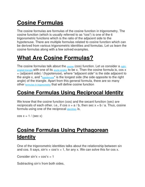 SOLUTION: Cosine formulas and examples notes - Studypool