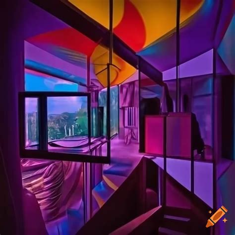 Abstract and psychedelic modernist interior design on Craiyon