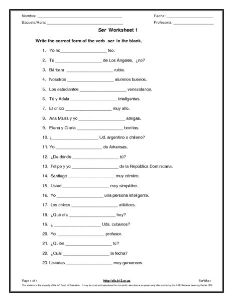 Ser Worksheet 1 Worksheet for 8th - 9th Grade | Lesson Planet