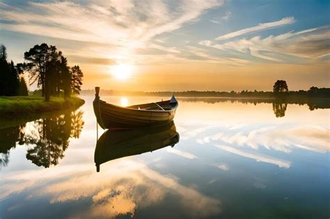 Premium AI Image | A boat on a lake at sunset