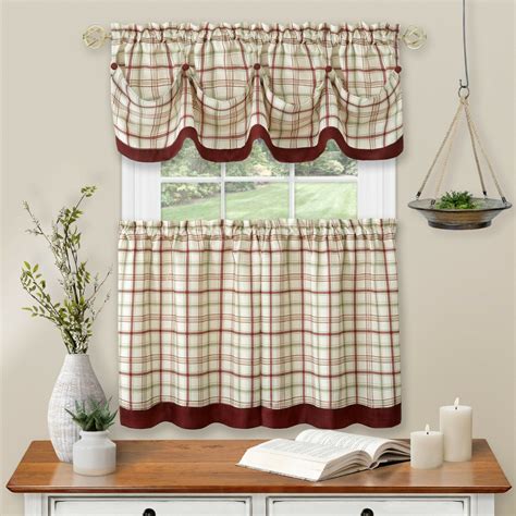 Country Farmhouse Plaid 3 Pc Tattersall Cafe Kitchen Curtain Tier ...