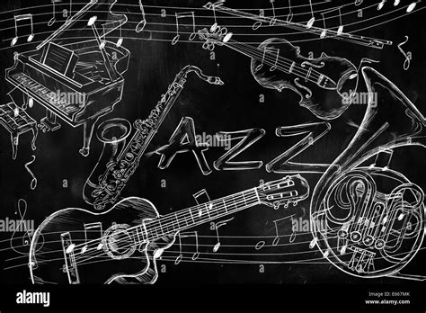 Jazz instruments music background on dark blackboard Stock Photo - Alamy