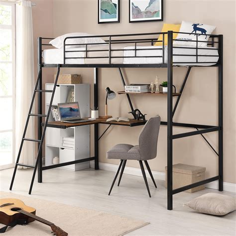 Twin Size Loft Bed with Desk and Ladder, Metal Bed Frame for Kids Teens, Black 76.77x38.5x71inch ...