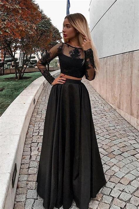 Two Pieces Long Sleeves Lace Black Prom Dresses, 2 Piece Black Formal – abcprom