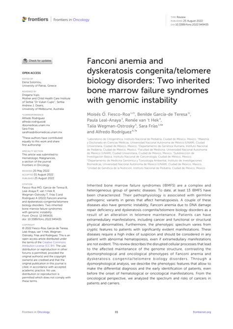 (PDF) Fanconi anemia and dyskeratosis congenita/telomere biology disorders: Two inherited bone ...