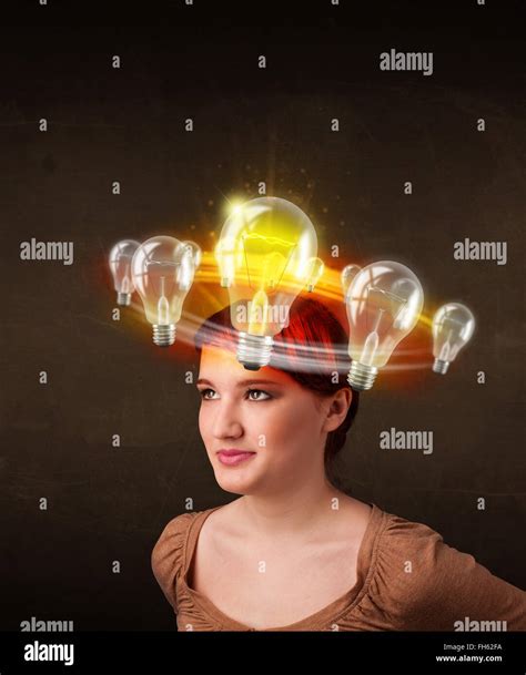 woman with light bulbs circleing around her head Stock Photo - Alamy