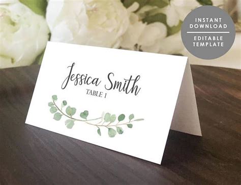 Greenery Place Card Template Printable Guest Name Card - Etsy | Place card template, Card ...