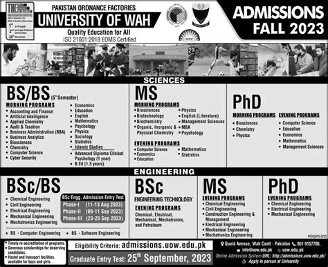 University of Wah Admission 2024 Last Date