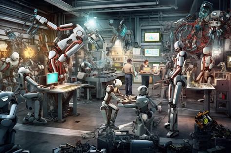 Premium AI Image | Robots are working in a factory with a man standing ...