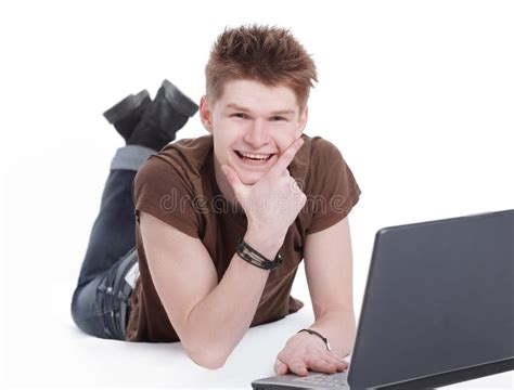 Closeup. Modern Guy Working on Laptop Lying on the Floor. Stock Photo - Image of happy, computer ...