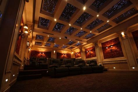 Home Theater With Recessed And Stars Lights Also Coffered Ceiling ...