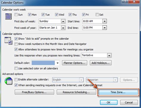 How to add and change a second time zone in Outlook?