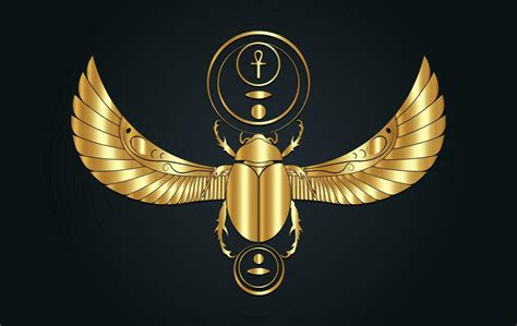 Gold egyptian sacred Scarab wall art design. Beetle with wings. Vector illustration golden logo ...