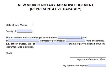 Free New Mexico Notary Acknowledgement Form - Representative Capacity - PDF - Word