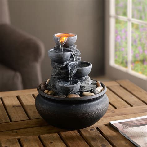 Indoor Tabletop Water Feature 4-Tier Water Fountain with Lights