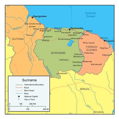 Political map of Suriname with cities and roads | Suriname | South ...